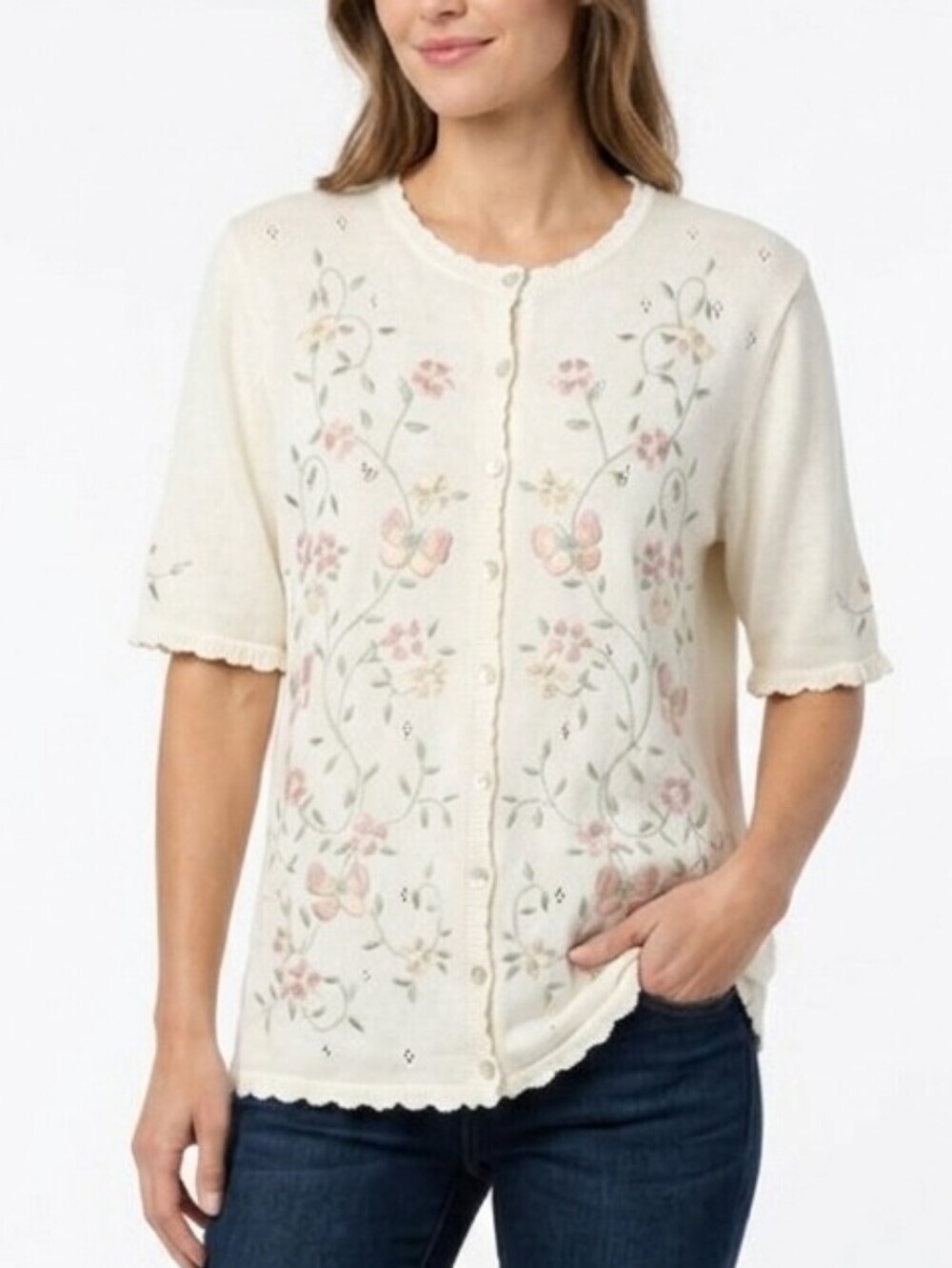 Vintage Alfred Dunner Cotton Blend Cardigan with Floral Embroidery